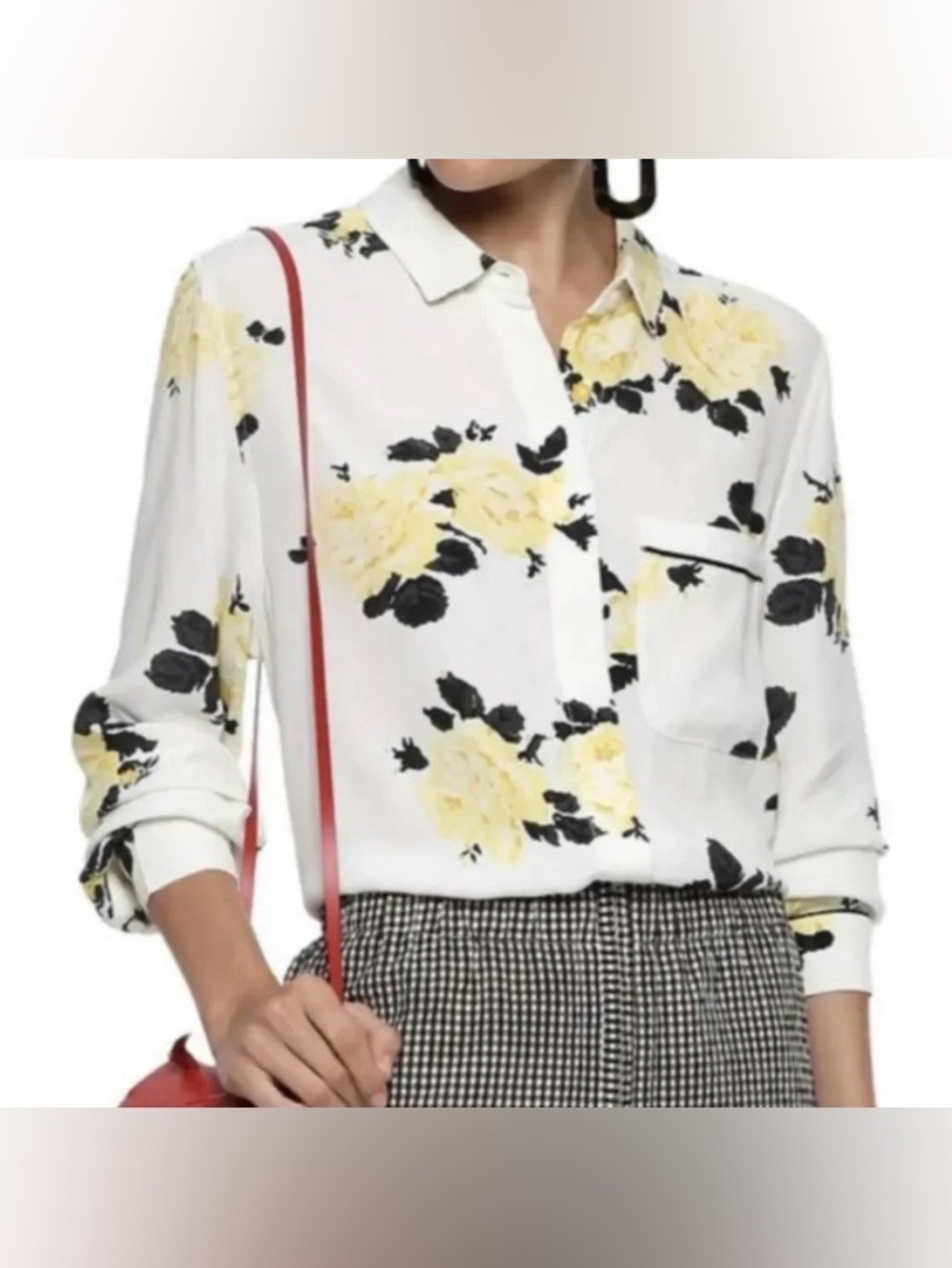 GANNI Yellow and Black Floral Button Down Blouse